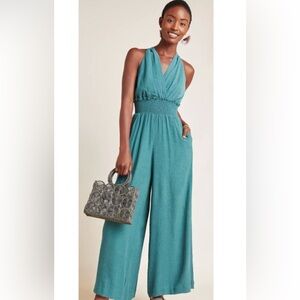 Anthropologie Bionda Plisse Jumpsuit. Green. Sleeveless. Wide leg. Small.